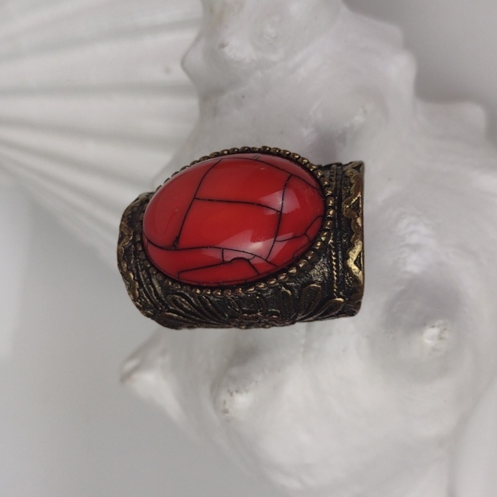 Boho Faux Red Turquoise Brassy Baroque Style Metal Statement Ring  SZ 6.5